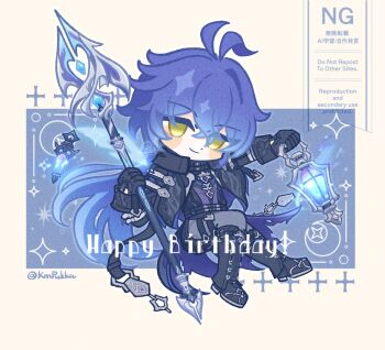 1boy antenna_hair arm_up black_boots black_capelet black_coat black_gloves blue_hair blush_stickers boots capelet closed_mouth coat collared_capelet commentary_request crossed_bangs dot_nose double-parted_bangs flins_(genshin_impact) full_body genshin_impact gloves grey_pants highres holding holding_lantern holding_polearm holding_weapon kmpukka lantern long_hair long_sleeves looking_at_viewer male_focus pants polearm sleeve_cuffs smile solo twitter_username very_long_hair watermark weapon yellow_eyes