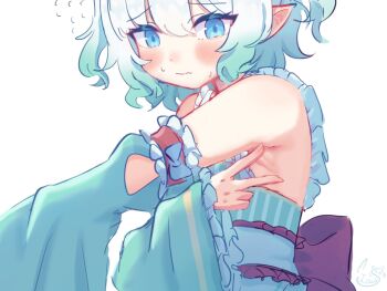 1girl aqua_sleeves armpit_crease armpit_focus armpits black_bow blue_eyes blush bow center_frills commentary detached_sleeves dress english_commentary frilled_dress frills gradient_hair green_dress green_hair highres indie_virtual_youtuber large_bow mint_fantome mint_fantome_(minto_2.0) multicolored_hair pointy_ears shidoizuki short_hair signature simple_background sleeveless sleeveless_dress solo spread_armpit striped_clothes striped_dress vertical-striped_clothes vertical-striped_dress virtual_youtuber wavy_hair white_background white_hair