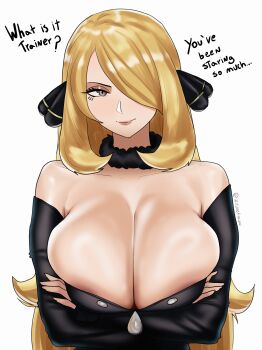 1girl absurdres arms_under_breasts bare_shoulders black_dress blonde_hair breasts cleavage collarbone commentary crossed_arms cynthia_(pokemon) dress english_commentary english_text fur_collar grey_eyes hair_ornament hair_over_one_eye highres huge_breasts long_hair long_sleeves looking_at_viewer nintendo pokemon simple_background smile solo strapless strapless_dress twitter_username upper_body very_long_hair white_background witlessfrawn