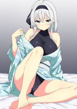 1girl alternate_breast_size_(larger) alternate_costume bare_legs barefoot bed_sheet black_hairband black_leotard black_ribbon blush breasts closed_mouth commentary crossed_bangs embarrassed full_body furrowed_brow gradient_background green_kimono grey_background grey_hair hair_between_eyes hair_ribbon hairband heattech_leotard highres japanese_clothes kimono knees_apart_feet_together konpaku_youmu large_breasts leotard leotard_under_clothes looking_at_viewer medium_hair obi off_shoulder on_bed ribbon sash sidelocks simple_background sitting solo suiu_shinotsuku sweatdrop touhou turtleneck white_sash wide_sleeves