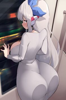 1girl absurdres against_glass artist_request ass ass_press black_choker black_eyes breast_press breasts choker commission cowboy_shot dress from_behind highres large_breasts long_hair long_sleeves looking_back original second-party_source solo white_dress white_hair