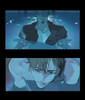 2boys beard brown_hair challia_bull facial_hair green_eyes green_hair gundam gundam_gquuuuuux highres i&#039;ll_teach_you_everything_(chainsaw_man) implied_yaoi male_focus mole mole_under_mouth movie_reference multiple_boys mustache parody partially_submerged pool scene_reference short_hair topless_male uie1060114 wet wet_hair xavier_olivette