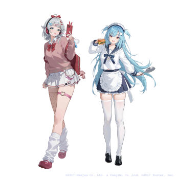 2girls absurdres apron azur_lane backpack bag black_shoes black_skirt blue_hair bow bowtie cellphone closed_mouth collared_shirt commentary fishnet_thighhighs fishnets full_body grey_hair heart heart_o-ring highres holding holding_phone kikimi loafers long_hair looking_at_viewer loose_socks maid_headdress multiple_girls neptune_(azur_lane) o-ring o-ring_thigh_strap official_art open_mouth phone pink_shoes sailor_collar school_uniform seattle_(azur_lane) shirt shoes short_hair simple_background single_thighhigh skirt smartphone smile socks socks_over_thighhighs standing thigh_strap thighhighs two_side_up white_apron white_background white_shirt white_skirt white_socks white_thighhighs wing_collar zettai_ryouiki