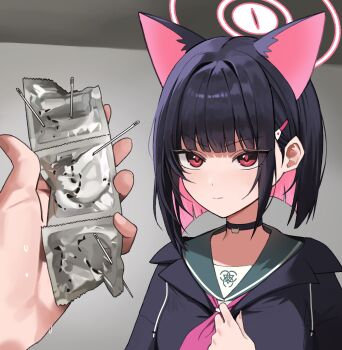 1girl absurdres adjusting_clothes adjusting_necktie animal_ears bite_mark black_choker black_hair black_hoodie black_jacket blue_archive cat_choker cat_ears choker colored_inner_animal_ears colored_inner_hair condom condom_packet_strip condom_wrapper extra_ears green_sailor_collar hair_ornament hairclip halo highres hood hoodie jacket kazusa_(blue_archive) momocadraw multicolored_hair neckerchief necktie needle pink_hair pink_halo pink_neckerchief red_eyes sabotaged_condom sailor_collar short_hair solo two-tone_hair