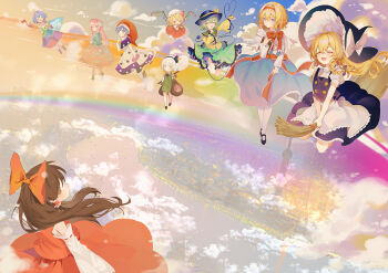 6+girls alice_margatroid apron ascot black_capelet black_hairband black_headwear blonde_hair blue_dress blue_eyes book bow braid broom broom_riding brown_eyes brown_hair bubble_skirt cape capelet cloud cloud_print crystal detached_sleeves doremy_sweet dream_soul dress eyeball flandre_scarlet floating frilled_hair_tubes frilled_hairband frilled_sleeves frills ghost green_hair green_skirt green_vest grimoire grimoire_of_alice hair_bow hair_tubes hairband hakurei_reimu hat hat_bow hat_ribbon hata_no_kokoro heart heart_of_string hitodama holding holding_broom katana kirisame_marisa komeiji_koishi konpaku_youmu mask mask_on_head mob_cap multicolored_dress multicolored_hairband multiple_girls nightcap noh_mask open_mouth patchwork_clothes pink_hair plaid_clothes plaid_shirt rainbow red_bow red_eyes red_hairband red_headwear red_skirt red_vest ribbon ribbon_trim river saigyouji_yuyuko sheath sheathed shirt short_hair side_braid single_braid skirt skirt_set sky sky_print smile sword tail tapir_tail tenkyuu_chimata third_eye touhou triangular_headpiece vest waist_apron weapon white_bow white_capelet white_hair white_headwear wide_sleeves wings witch_hat yellow_ascot yellow_shirt