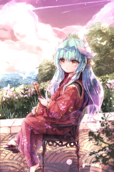 1girl absurdres ahoge chair commentary_request dragon_girl dragon_horns fate/grand_order fate_(series) green_hair hair_between_eyes hair_ornament hand_fan highres holding holding_fan horns japanese_clothes kimono kiyohime_(fate) looking_at_viewer multiple_horns red_kimono sitting solo wide_sleeves xixetaria yellow_eyes