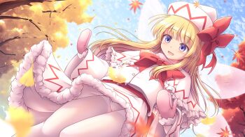 1girl :d autumn autumn_leaves blonde_hair blue_eyes blue_sky blurry blurry_foreground blush bow capelet cloud commentary_request fairy_wings falling_leaves frilled_capelet frills fur-trimmed_mittens fur-trimmed_skirt fur_trim hat hat_bow highres leaf lily_white long_hair long_sleeves lzh mittens open_mouth outdoors panties panties_under_pantyhose pantyhose pink_mittens red_bow shirt skirt sky smile solo thighband_pantyhose touhou tree underwear upskirt white_capelet white_hat white_pantyhose white_shirt white_skirt wide_sleeves wings