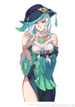 aqua_eyes bare_shoulders black_hat black_skirt blue_gemstone breasts caesty closed_mouth collar commentary_request cowboy_shot crop_top dated_commentary detached_collar detached_sleeves earrings expressionless frilled_collar frilled_sleeves frills gem gem_hat_ornament glowing_gem hair_between_eyes hat iselda_(tales_weaver) jewelry korean_commentary large_breasts long_hair long_skirt long_sleeves looking_at_viewer midriff nexon nose official_art pelvic_curtain pendant production_art purple_eyes shirt simple_background skirt standing strapless strapless_shirt tales_weaver underbust wavy_hair white_background white_hair white_shirt wide_sleeves witch_hat