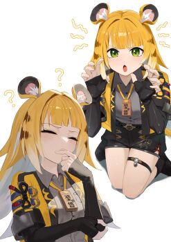 1girl ? absurdres animal_ear_fluff animal_ears black_shorts blonde_hair blush claw_pose closed_eyes closed_mouth colored_inner_hair commentary_request fang gomashiwo_o green_eyes grey_shirt hair_intakes hand_on_own_face high-waist_shorts highres jacket ju_fufu kneeling long_hair looking_at_viewer multicolored_hair multiple_views open_mouth shirt shorts simple_background sparkling_eyes striped_fur striped_hair tail thigh_strap thinking tiger_ears tiger_girl tiger_stripes tiger_tail white_background yellow_jacket zenless_zone_zero