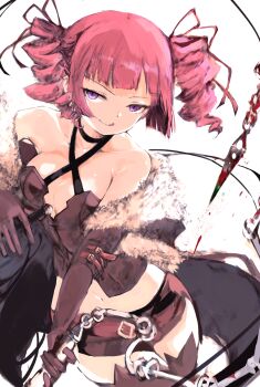 1girl :p bare_shoulders belt black_gloves blood bloody_weapon boots bow breasts chain_whip cleavage collarbone criss-cross_halter dark_hunter dark_hunter_(sekaiju) dark_hunter_4 detached_sleeves drill_hair elbow_gloves etrian_odyssey fur_shawl gloves hair_bow hair_ribbon halterneck highres holding holding_whip large_breasts looking_at_viewer midriff navel pink_eyes pink_hair purple_eyes ribbon sekaiju_no_meikyuu sekaiju_no_meikyuu_1 shawl simple_background smile solo strap thigh_boots tongue tongue_out tsutsugano twin_drills twintails weapon whip white_background