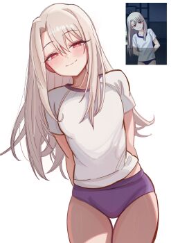 0nineo9 1girl absurdres arms_behind_back blush breasts buruma closed_mouth commentary cowboy_shot derivative_work english_commentary fate/stay_night fate_(series) glowing half-closed_eyes heart highres illyasviel_von_einzbern long_hair looking_at_viewer purple_buruma red_eyes screenshot_inset screenshot_redraw shirt short_sleeves sidelocks simple_background small_breasts smile solo thighs tiger_dojo white_background white_hair white_shirt