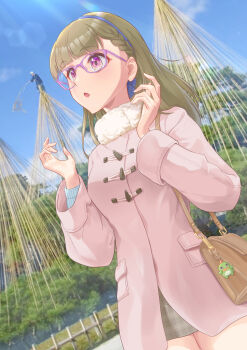 1girl absurdres animal_charm bag blush braid breasts brown_bag brown_hair center-flap_bangs charm_(object) coat commentary_request fur-trimmed_coat fur_trim gonzales_(love_live!) grey_skirt highres kachimachi_kosuzu kachimachi_kosuzu_(winter_casual) kenroku-en kobassy link!_like!_love_live! long_hair long_sleeves looking_ahead love_live! medium_breasts official_alternate_costume open_mouth photo_background pink_coat pink_eyes plaid_clothes plaid_skirt purple-framed_eyewear shoulder_bag side_braids skirt solo virtual_youtuber winter_clothes winter_coat