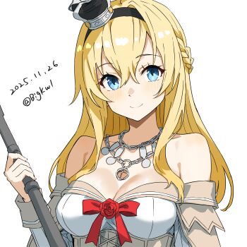 1girl absurdres bare_shoulders bigkwl black_hairband blonde_hair blue_eyes blush breasts chain chain_necklace cleavage closed_mouth commentary dated dated_commentary hair_between_eyes hairband highres holding jewelry kantai_collection large_breasts long_hair long_sleeves looking_at_viewer necklace off-shoulder_shirt off_shoulder one-hour_drawing_challenge shirt simple_background smile solo twitter_username warspite_(kancolle) white_background white_shirt