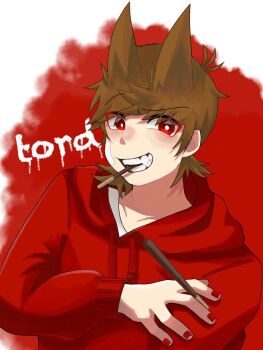 Rule 34 | 1boy, animification, antenna hair, bad id, bad twitter id, bandage on cheek, blush, bright pupils, brown hair, character name, drawstring, eddsworld, fangs, flipped hair, food, food in mouth, grin, hair behind ear, hair ears, holding, holding food, hood, hood down, hoodie, jpeg artifacts, long sleeves, looking at viewer, male focus, pocky, red eyes, red hoodie, red nails, short hair, simple background, smile, solo, teru (teru 0705m), tord (eddsworld), upper body, white pupils
