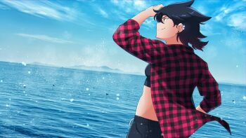 Rule 34 | 1girl, black hair, black sports bra, breasts, commentary, ear piercing, earrings, english commentary, from behind, highres, jewelry, medium hair, open clothes, open shirt, original, piercing, plaid clothes, plaid shirt, reverse trap, shirt, small breasts, smile, solo, sports bra, stud earrings, vincent-san, vinny (vincent-san)