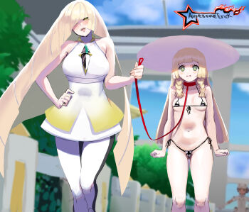 3girls awesomeerix bare_shoulders bdsm bikini black_bikini blonde_hair blue_sky blush braid breasts collar collarbone dress female_focus femdom gem gradient_clothes gradient_dress green_eyes green_gemstone hair_over_one_eye hat highres jewelry large_breasts leash leggings lillie_(pokemon) loli long_hair looking_at_viewer lusamine_(pokemon) mature_female micro_bikini mother_and_daughter multiple_girls navel neck_ring nintendo open_mouth outdoors pokemon pokemon_sm pout sidelocks sky slave small_breasts smile standing sun_hat swimsuit thighs twin_braids white_dress white_headwear white_leggings yellow_dress