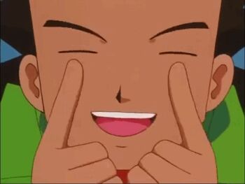 animated animated_gif anime_screenshot brock_(pokemon) brown_hair closed_eyes dark_skin making_faces nintendo open_mouth pokemon pokemon_(anime) pokemon_(classic_anime) solo vest