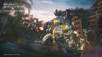 3d artist_name building celebi350300687 character_name cinema_4d_(medium) cloud commentary_request copyright_name electricity full_body highres magnet metal_skin nintendo one-eyed outdoors palm_tree pokedex_number pokemon pokemon_(creature) pokemon_focus ruins sandy_shocks screw sky tree