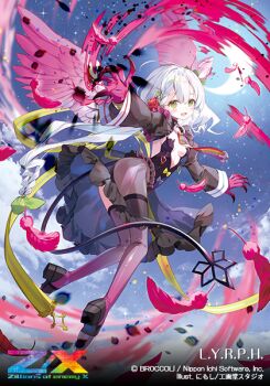 1girl ahoge black_dress black_shoes black_tail braid breasts copyright_logo copyright_name copyright_notice crescent dragon_girl dragon_tail dress feathered_wings feathers flower flying gradient_thighhighs green_eyes hair_flower hair_ornament ibara_riato logo long_hair looking_back lyrph_(z/x) night night_sky official_art open_mouth pink_wings red_claws red_feathers shoes side_braid single_braid sky small_breasts solo tail white_hair wings z/x