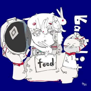 Rule 34 | 1girl, 3ma can omochi, :o, abstract, animal, animal on head, blue background, buck teeth, character request, copyright request, cropped torso, english text, hair over shoulder, hands up, helmet, highres, holding, holding animal, holding unworn helmet, holding rabbit, limited palette, long hair, looking at viewer, moon, on head, open mouth, original, rabbit, rabbit in eyes, rabbit on head, scar, scar across eye, scar on face, signature, simple background, solo, space helmet, spacesuit, teeth, unworn headwear, unworn helmet, white rabbit (animal)