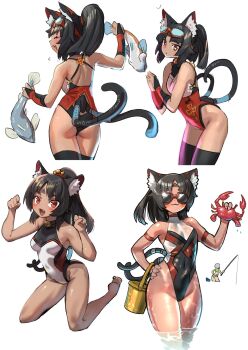 2girls :3 anby_demara animal animal_ear_fluff animal_ears armband ass back barcode barcode_tattoo bare_shoulders barefoot bell bikini black_hair blush bow breasts bucket cable cable_tail cat_ears cat_girl cat_tail closed_eyes closed_mouth covered_navel crab diving_mask diving_mask_on_head facial_mark fang fish fishing_rod forehead_mark forehead_tattoo from_behind from_side goggles goggles_on_head green_bikini grey_hair hair_ornament hairband hand_on_own_hip highres holding holding_animal holding_fish kamiyama_kenta looking_at_viewer mechanical_tail multiple_arm_straps multiple_girls multiple_tails neck_bell nekomiya_mana one-piece_swimsuit open_mouth paw_pose red_armband red_hairband see-through_clothes solo standing sunglasses swimsuit tail tattoo thighhighs triangle triangle_facial_mark two_tails water white_background wristband yellow_bow zenless_zone_zero