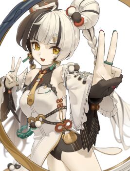 1girl absurdres bare_shoulders black_hair braid breasts detached_sleeves dialyn_(zenless_zone_zero) dress earrings hashtag-only_commentary highres jewelry komodo long_hair looking_at_viewer medium_breasts multicolored_hair open_mouth solo split-color_hair twin_braids v white_dress white_hair yellow_eyes zenless_zone_zero