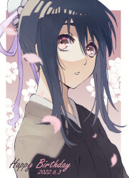 Rule 34 | 1girl, 2022, black hair, black kimono, bleach, blurry, brown eyes, commentary request, dated, depth of field, falling petals, floral background, flower, hair between eyes, hair bun, hair ribbon, happy birthday, hat, highres, hinamori momo, japanese clothes, kimono, light brown background, looking at viewer, medium hair, mob cap, parted lips, petals, purple ribbon, ribbon, sidelighting, simple background, single hair bun, solo, spiked hair, sumire 1046, upper body, white flower