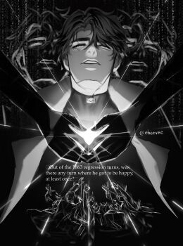 Rule 34 | 1boy, afterimage, binary, black hair, coat, evie (baoxiao), glowing heart, greyscale, highres, hole in chest, hole on body, light rays, male focus, monochrome, omniscient reader's viewpoint, people, popped collar, reaching, reaching towards another, short hair, white coat, yoo joonghyuk