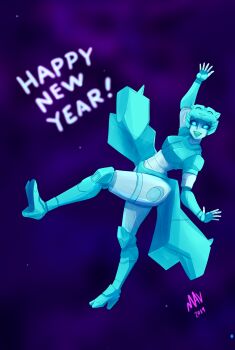 1girl alien armor blue_eyes breasts colored_skin green_panties happy_new_year high_heels highres humanoid_robot lyzack m-a-v-e-r-i-c-k medium_breasts new_year panties robot smile solo thick_thighs thighs transformers transformers_victory underwear white_skin