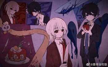 2boys akinashi_haru blackseek blood blood_from_forehead cake chinese_commentary commentary_request cowboy_shot expressionless food fork fruit hands_up highres holding holding_food holding_fruit holding_knife knife male_focus multiple_boys multiple_views ribbon saihate_eki scared tatsunami_shion upper_body