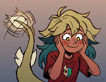 1girl absurdres afterimage artist_name black_eyes blonde_hair blush gradient_background green_hair hands_on_own_face highres long_hair looking_down radiostudio07 shirt smile solo t-shirt tail the_owl_house upper_body vee_(the_owl_house) wavy_mouth yellow_pupils