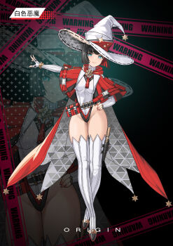 1girl absurdres aqua_eyes arm_at_side black_cape black_hair black_leotard boots breasts cape chinese_commentary commentary_request fingernails grey_cape grey_hat hand_on_own_hip hat highres holster holstered large_breasts large_hat legs leotard light_smile liutiao looking_at_viewer multicolored_cape multicolored_hair multicolored_hat multicolored_leotard nail_polish original red_cape red_hair red_hat red_leotard red_nails sheriff_badge short_hair spiked_boots standing thigh_boots thigh_holster thighs two-tone_hair white_boots white_hat white_leotard zoom_layer