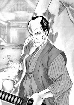 1boy 913kousatu absurdres boulder commentary_request greyscale highres holding holding_sword holding_weapon katana looking_at_viewer male_focus monochrome nogami_gensai sekiro:_shadows_die_twice solo sword topknot upper_body weapon