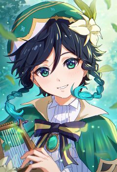 Rule 34 | 1boy, absurdres, beret, black hair, blue hair, blush, bow, braid, brooch, cape, chinese commentary, collared cape, collared shirt, commentary request, flower, frilled sleeves, frills, gem, genshin impact, gradient hair, green eyes, hair flower, hair ornament, harp, hat, hat flower, highres, holding, holding instrument, homura2414, instrument, jewelry, leaf, long sleeves, looking at viewer, lyre, male focus, multicolored hair, open mouth, shirt, short hair with long locks, smile, solo, twin braids, venti (genshin impact), white flower, white shirt