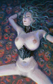 1girl berserk breasts collar corset green_hair highres large_breasts long_hair looking_at_viewer lying metal_collar nipples on_back pubic_hair slan_(berserk) solo spread_legs tentacle_hair yellow_eyes zhoujialin