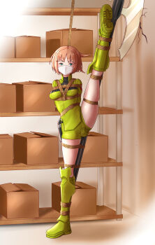 Rule 34 | 1girl, absurdres, ahoge, ahoge wag, anal, anal object insertion, antenna hair, arms behind back, axe, bdsm, belt, between breasts, blue eyes, blush, bob cut, bondage, boots, bound, bound arms, bound breasts, bound legs, bound torso, box, breast bondage, breasts, captured, cardboard, cardboard box, closet, cloth gag, collared jacket, commission, commissioner upload, crack, cracked wall, dildo, dildo under clothes, double penetration, expressive hair, female focus, full body, gag, gagged, green boots, green jacket, green shorts, highres, improvised bondage, improvised gag, jacket, kidnapped, knee boots, konami kirie, large variant set, legs apart, long sleeves, looking at viewer, medium breasts, medium hair, messy hair, object insertion, official alternate costume, official alternate hairstyle, orange hair, over the nose gag, perky breasts, predicament bondage, rope, seductive gaze, sex toy, shibari, shibari over clothes, shin guards, short shorts, shorts, sidelocks, skin tight, skindentation, soles, solo, split, spread legs, spreader bar, swept bangs, thighs, tongue, turtleneck, turtleneck jacket, utility belt, vaginal, vaginal object insertion, variant set, weapon, world trigger, yon senpai