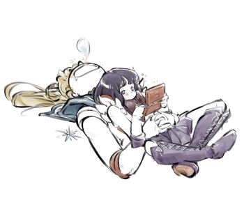 2girls bishoujo_senshi_sailor_moon blonde_hair blue_sailor_collar blunt_bangs blunt_ends blush boots double_bun hair_bun hair_ornament highres hug medium_hair mercuri0ff multiple_girls open_mouth parted_bangs purple_boots purple_hair purple_sailor_collar purple_skirt sailor_collar sailor_moon sailor_saturn skirt smile tomoe_hotaru tsukino_usagi twintails