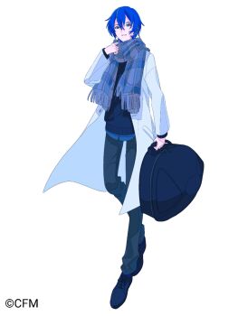 1boy bag blue_bag blue_eyes blue_hair blue_pants blue_scarf blue_shoes blue_sweater coat company_name copyright_notice full_body grin hair_between_eyes highres holding holding_bag kaito_(vocaloid) lazool_721 male_focus official_art pants plaid_clothes plaid_scarf scarf shoes simple_background smile solo standing sweater teeth third-party_source vocaloid white_background white_coat
