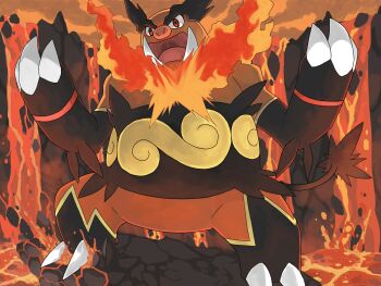 black_fur claws commentary_request emboar fire gen_5_pokemon lava nintendo nostrils open_mouth orange_sky pokemon pokemon_(creature) pokemon_focus red_eyes sei_(seiryuuden) sky standing tusks