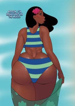 1girl absurdres art_mein ass bikini black_hair blue_bikini blue_sky breasts brown_eyes curvy dark-skinned_female dark_skin day english_text flower green_bikini hair_flower hair_ornament highleg highleg_bikini highres huge_ass lilo_&amp;_stitch long_hair looking_at_another looking_at_viewer looking_back multicolored_bikini nani_pelekai outdoors parted_lips pink_flower shiny_skin sky solo standing striped_bikini striped_clothes swimsuit thong thong_bikini two-tone_bikini wide_hips