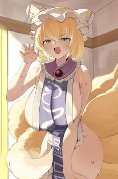 Rule 34 | 1girl, absurdres, animal hat, blonde hair, blue tabard, blush, breasts, claw pose, commentary, english commentary, fang, fox tail, hat, highres, kitsune, kokonut gag, large breasts, looking at viewer, mob cap, multiple tails, naked tabard, open mouth, short hair, sideboob, skin fang, smile, solo, sweat, tabard, tail, touhou, white hat, yakumo ran, yellow eyes