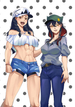 2girls abs belt blue_pants blue_shorts breasts carmine_(pokemon) colored_inner_hair commentary_request crossed_bangs eri_(pokemon) exposed_pocket green_hat grey_shirt hair_between_eyes hat highres jewelry kikyouta knees long_hair multicolored_hair multiple_girls muscular muscular_female navel necklace nintendo open_mouth pants pokemon pokemon_scarlet_and_violet shirt shorts stomach teeth three-quarter_sleeves upper_teeth_only white_hat yellow_eyes