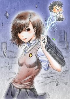 Rule 34 | 1boy, 1girl, a certain high school uniform, asymmetrical bangs, bare arms, black hair, blush, breasts, brown eyes, brown hair, brown sweater, brown sweater vest, brown vest, building, chibi, closed mouth, collared shirt, commentary request, cowboy shot, debris, electricity, electrokinesis, emblem, gekota, grey skirt, hair between eyes, hand up, highres, holding, index finger raised, jidao huashi, kamijou touma, lips, looking at viewer, medium hair, misaka mikoto, outdoors, pleated skirt, school emblem, school uniform, shirt, short hair, short sleeves, skirt, sleeveless, sleeveless sweater, small breasts, spiked hair, summer uniform, sweater, sweater vest, toaru kagaku no railgun, toaru kagaku no railgun s, toaru majutsu no index, tokiwadai school uniform, traditional media, v-neck, vest, white shirt