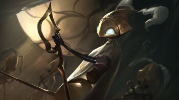 absurdres arthropod_limbs black_skin cloak colored_skin crossed_arms crossed_weapons dual_wielding empty_eyes hdhenry highres holding holding_sword holding_weapon hollow_knight hollow_knight:_silksong indoors no_humans robot second_sentinel_(hollow_knight) sword weapon white_cloak white_eyes