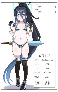 1girl absurdres aris_(blue_archive) armor bandaged_arm bandages bikini_armor black_socks blue_archive blue_eyes blue_hair blush breasts brown_gloves character_profile closed_mouth full_body gameplay_mechanics gloves groin hair_between_eyes halo highres loli long_hair looking_at_viewer navel pauldrons ponytail shoulder_armor simple_background small_breasts smile socks solo stats stomach sword sword_on_back vambraces very_long_hair weapon weapon_on_back white_background zhyseven