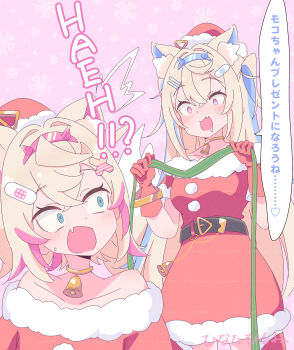 2girls alternate_costume animal_ears bandaid bandaid_hair_ornament blonde_hair blue_streaks commentary_request dog_ears dog_girl dress drooling fang fur-trimmed_dress fur_trim fuwawa_abyssgard gloves hair_ornament highres hinata_hirune hololive hololive_english mococo_abyssgard mouth_drool multiple_girls open_mouth pink_streaks red_dress red_gloves santa_costume santa_dress siblings sisters skin_fang twins two_side_up virtual_youtuber x_hair_ornament