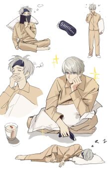 1boy barefoot book brown_pajamas brown_pants brown_shirt closed_eyes closed_mouth collared_shirt covering_own_mouth cup full_body grey_hair hair_between_eyes hand_over_own_mouth head_on_hand highres holding holding_book holding_pillow indian_style love_and_deepspace lying male_focus messy_hair multiple_views on_side pajamas pants pillow shirt shiwu short_hair sitting sleep_mask sleeping slippers smile solo sparkle squeans upper_body white_background white_slippers xavier_(love_and_deepspace) yawning zzz