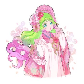 Rule 34 | 1girl, :d, arm at side, blue eyes, bow, colored eyelashes, commentary, cropped torso, curly hair, dress, dress bow, dress flower, floating hair, floral background, floral print, flower, frilled dress, frilled headwear, frilled sleeves, frills, green hair, hair flower, hair ornament, hand up, highres, laalulu, light blush, long hair, long sleeves, multicolored hair, nanceee 305, no pupils, open mouth, pink bow, pink dress, pink flower, pink hair, pink headdress, pink rose, pretty series, pripara, rose, smile, standing, symbol-only commentary, two-tone dress, two-tone hair, white background, white dress