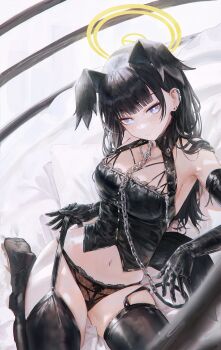 1girl absurdres alternate_costume alternate_hairstyle animal_ears black_gloves black_thighhighs blue_archive blunt_bangs breasts bright_pupils closed_mouth dog_ears dog_girl elbow_gloves expressionless flippy_(cripine111) gloves hair_down halo hibiki_(blue_archive) highres leather leather_gloves looking_at_viewer navel pillow solo stomach thighhighs white_pupils