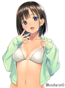 1girl :d bikini bikini_tan black_hair blue_eyes breasts collarbone commentary_request green_jacket head_tilt jacket koutaro long_sleeves looking_at_viewer medium_breasts navel open_clothes open_jacket open_mouth original puffy_long_sleeves puffy_sleeves simple_background sleeves_past_wrists smile solo swimsuit tan tanline twitter_username upper_body white_background white_bikini